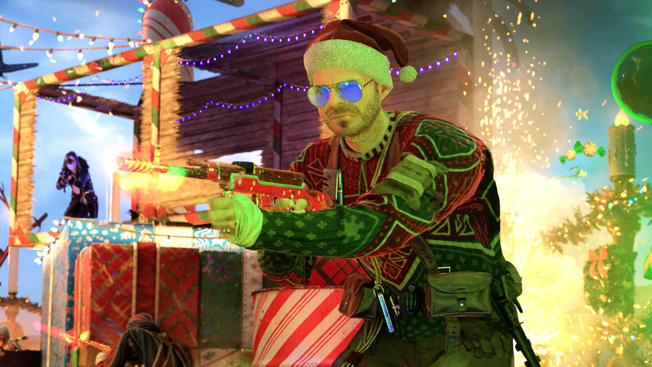 Call of Duty Vanguard - Festive Fervor 2021 - żołnierz w świątecznym stroju strzela z karabinu