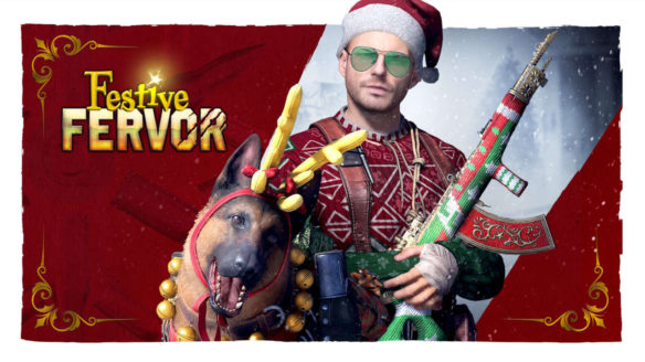 Call of Duty Warzone - Festive Fervor 2021 - żołnierz z karabinem i pies w świątecznych strojach