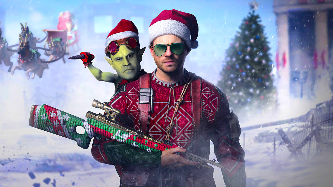 Call of Duty Warzone i Vanguard - event festive fevor 2021 - żołnierz w sweterku świątecznym z elfem z nożem na barku