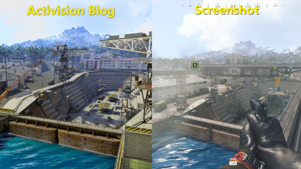 Call of Duty Warzone Pacific - Caldera - porównanie screenshota i rzeczywistej mapy