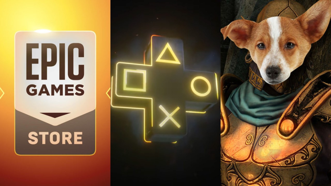logo Epic Games Store, logo PS Plus, człowiek ze skyrim z głową psa