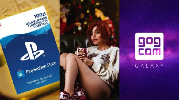 doładowanie PSN na 100 PLN, świąteczny cosplay (Triss) z Wiedźmin 3: Dziki Gon, logo GOG Galaxy