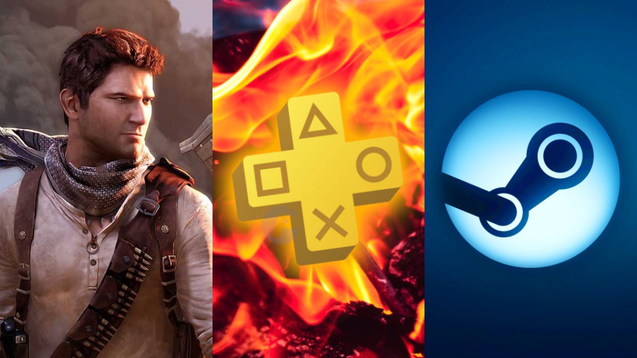 Drake z Uncharted, logo PS Plus Styczeń 2022, logo Steam