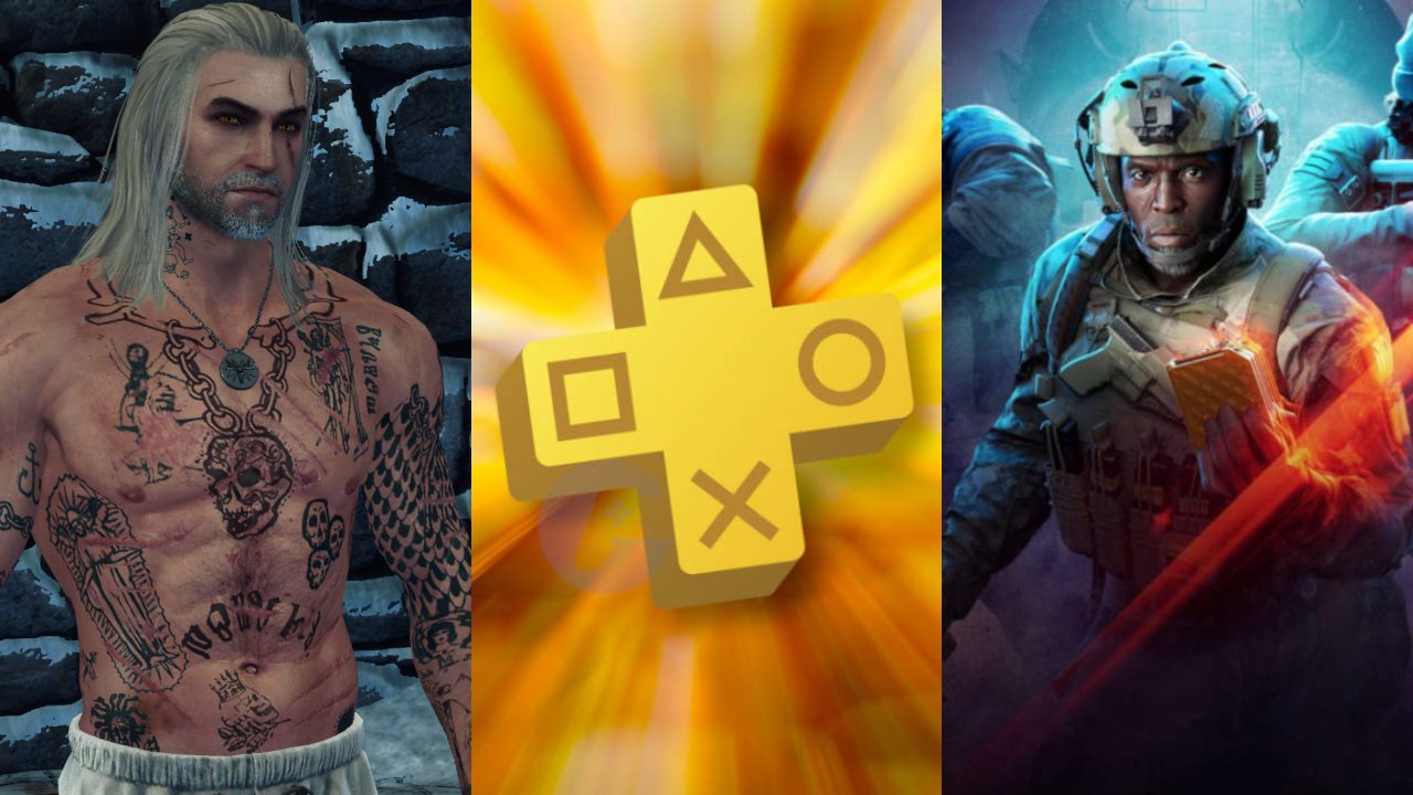 Geralt z gry Wiedźmin 3: Dziki Gon w tatuażach, logo PS Plus styczeń 2022, żołnierz z Battlefield 2042
