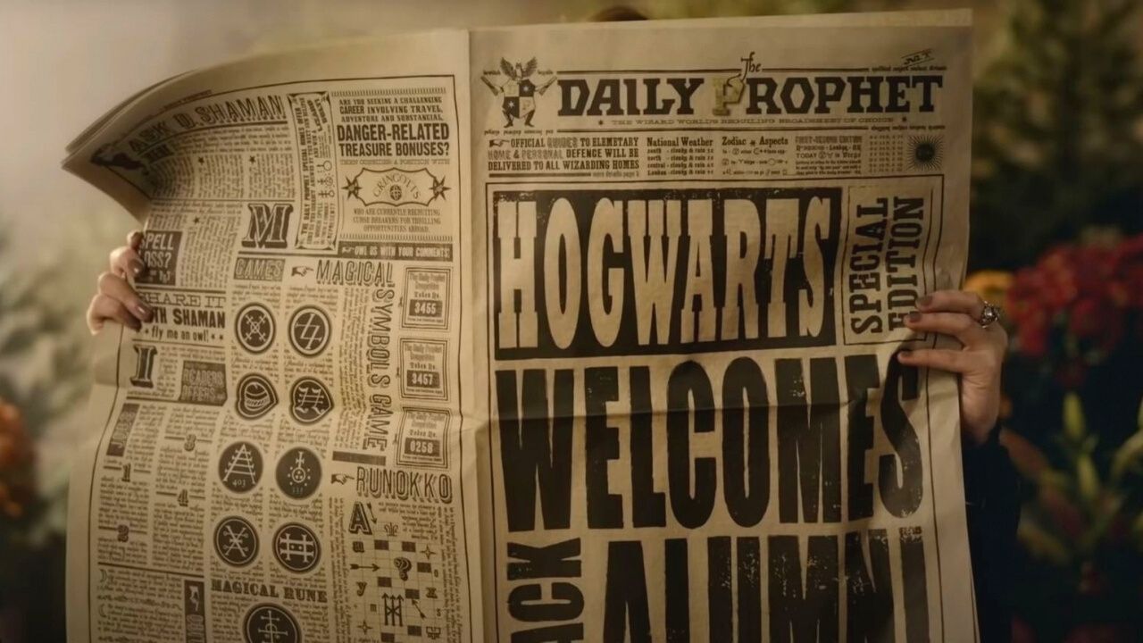 pierwsza strona Proroka Codziennego zapowiadająca zlot absolwentów w zwiastunie programu Harry Potter: Return to Hogwarts