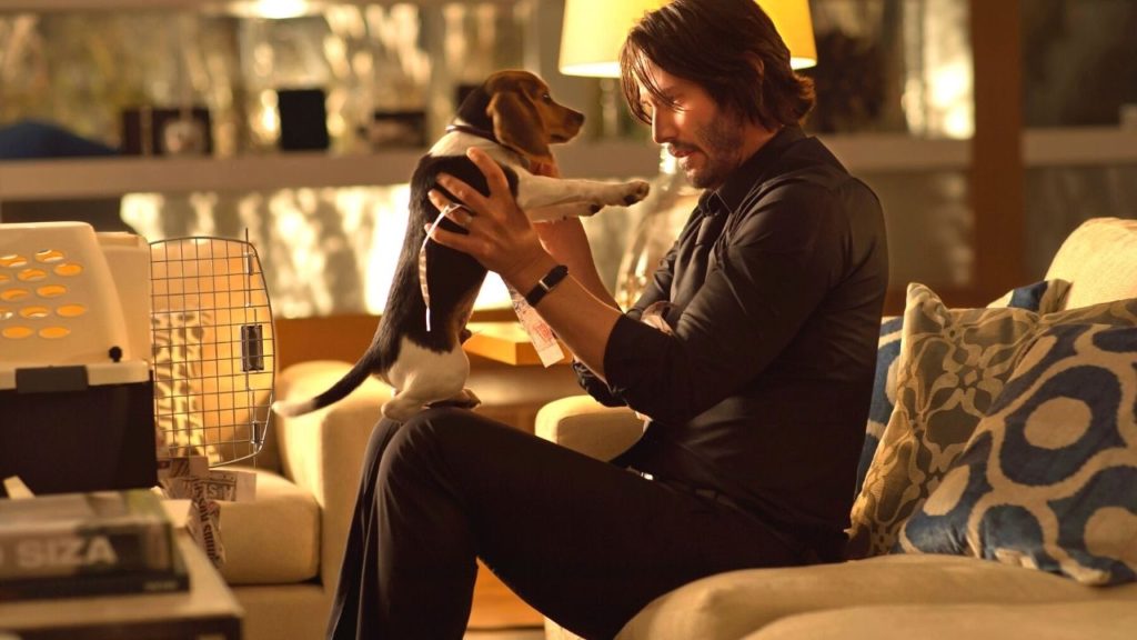 Keanu Reeves jako John Wick trzyma na kolanach pieska Daisy