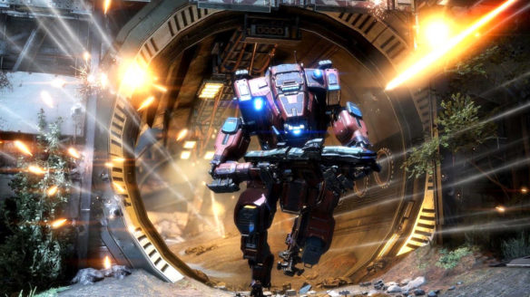 Titanfall 2 - mech z karabinem biegnie w stronę kamery. Jest pod ostrzałem