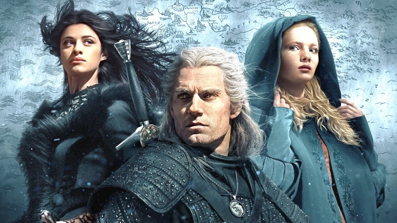 serial Wiedźmin - Yennefer, Geralt i Ciri na fragmencie plakatu