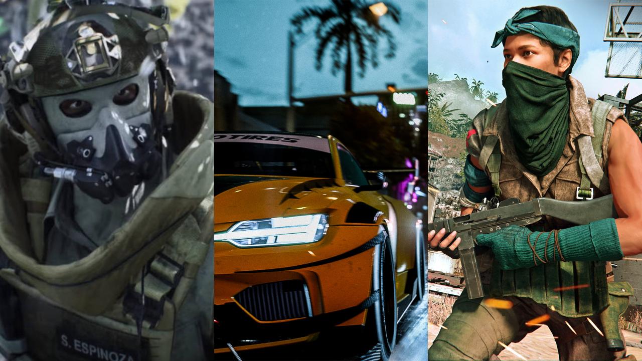 żołnierz z Battlefield 2042, auto z Need for Speed, żołnierz z Call of Duty: Vanguard