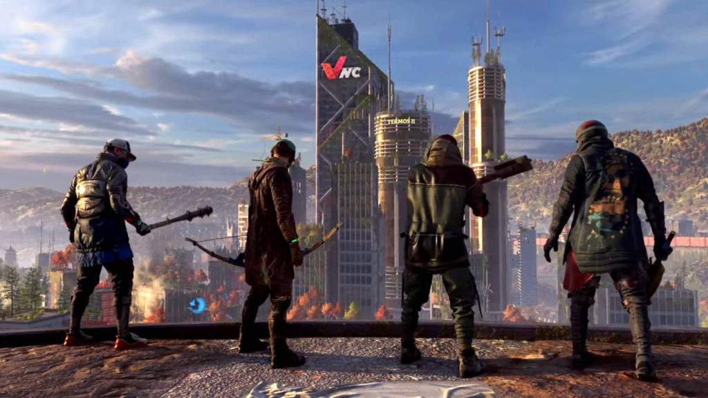 Dying Light 2 - kooperacja - 4 graczy stoi przy krawędzi budynku. Są w pełni uzbrojeni