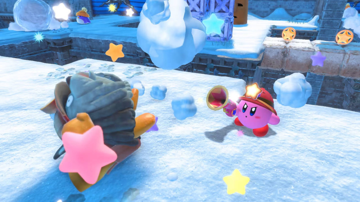 Kirby and the Forgotten Land - Kirby strzela do wroga z kolorowego pistoletu