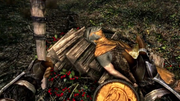 Skyrim - martwy rycerz leży na stosie drewna