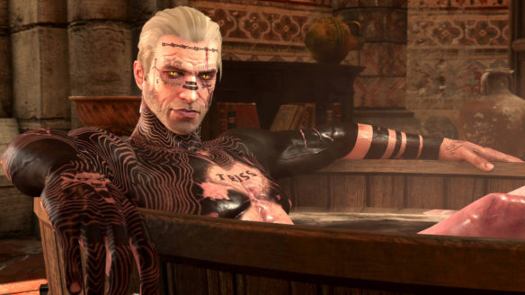 Wiedźmin 3 Dziki gon - mod Geralt Hardcore Dank Tattoos - wytatuowany Geralt w wannie