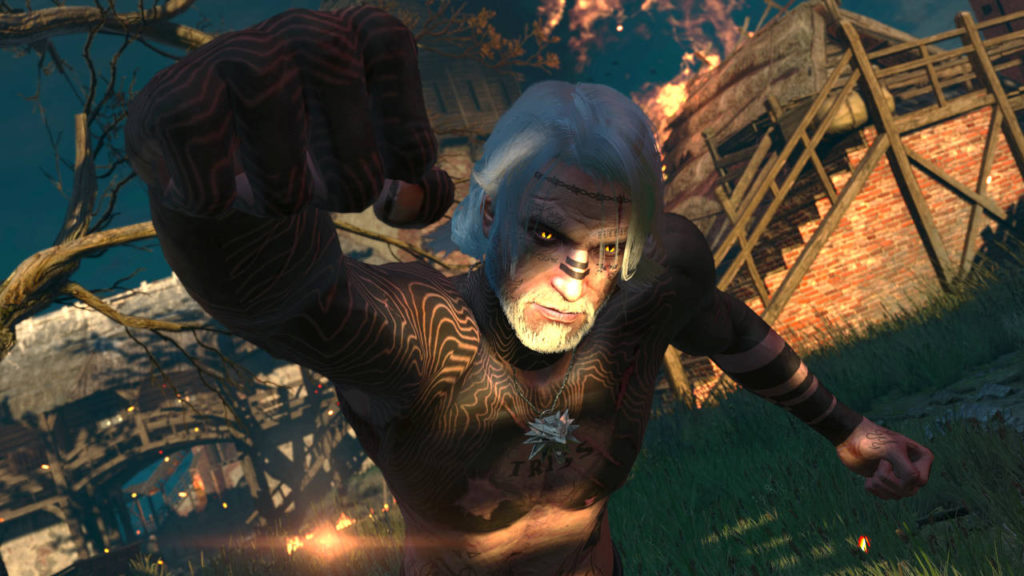 Wiedźmin 3 Dziki gon - mod Geralt Hardcore Dank Tattoos - Geralt uderza z pięści