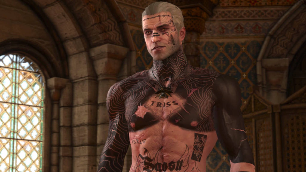 Wiedźmin 3 Dziki gon - mod Geralt Hardcore Dank Tattoos - Geralt z nagą klatą stoi