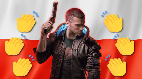 Cyberpunk 2077 - V na tle flagi Polski, bicie braw