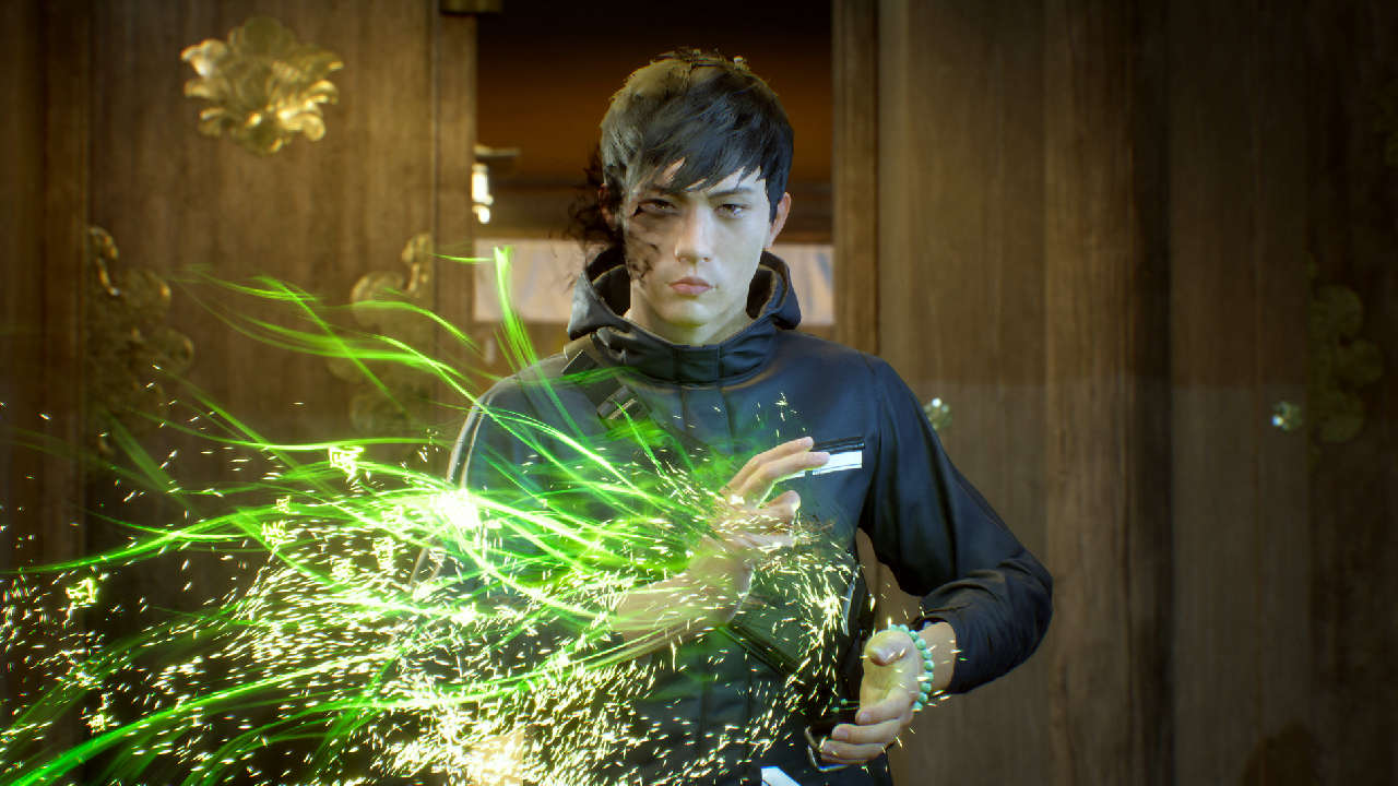 GhostWire Tokyo - czarnowłosy chłopak używa zielonej magii