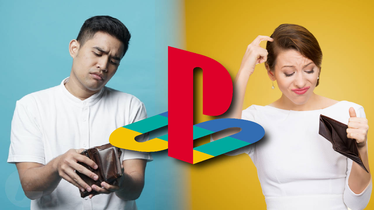 gry usługi - para ludzi narzeka na brak pieniędzy - logo PlayStation