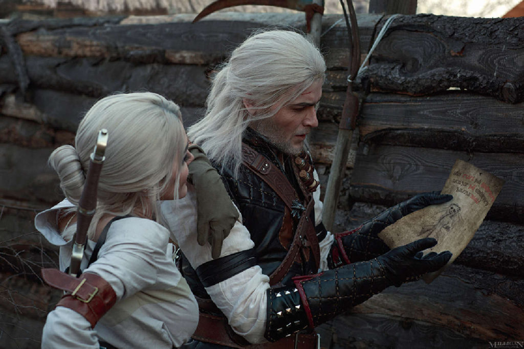 Wiedźmin 3 Dziki Gon - cosplay - Ciri i Geralt oglądają ogłoszenie na ubicie potwora