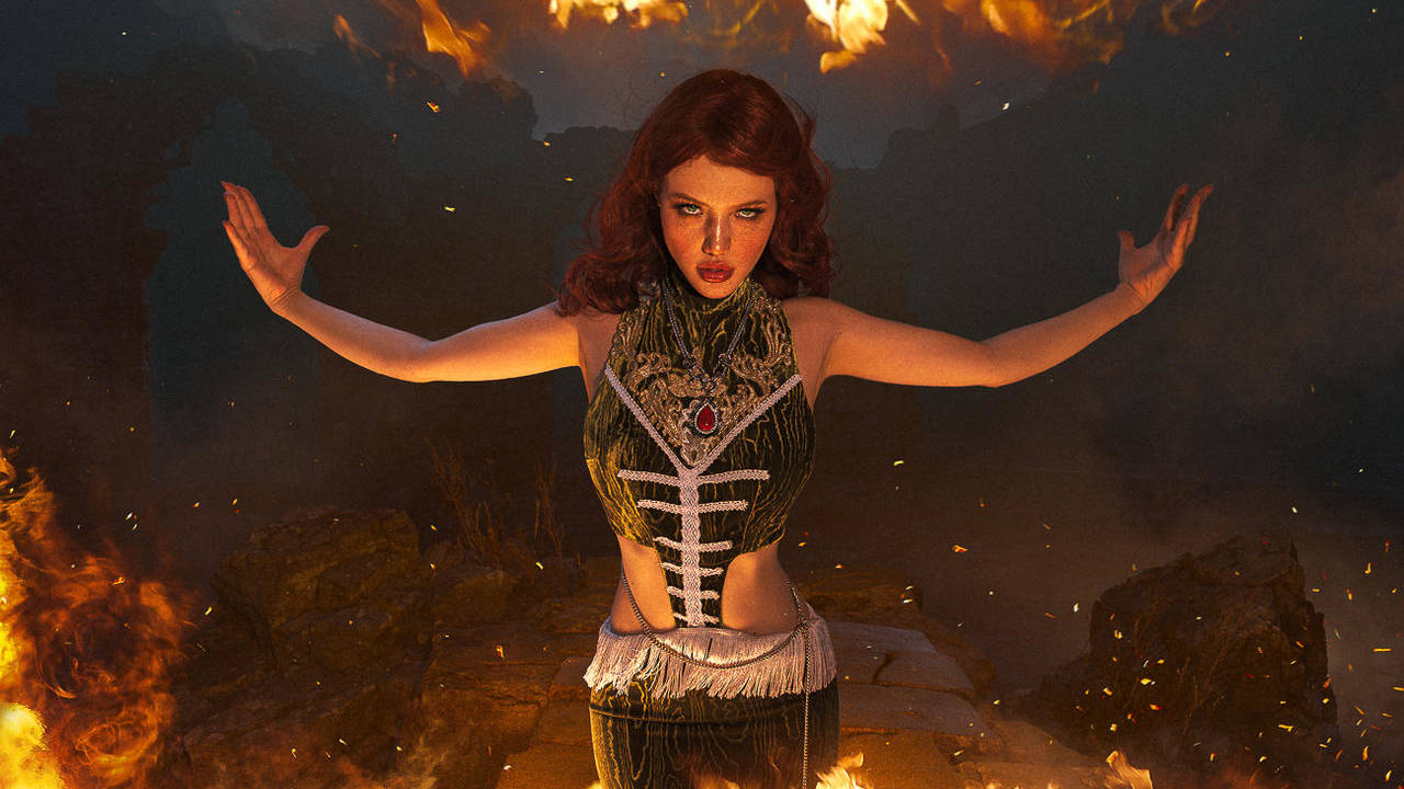Wiedźmin 3 Dziki Gon - cosplay Triss Merigold, która włada ogniem