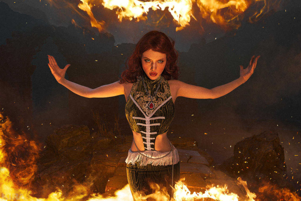 Wiedźmin 3 Dziki Gon - cosplay Triss Merigold, która włada ogniem