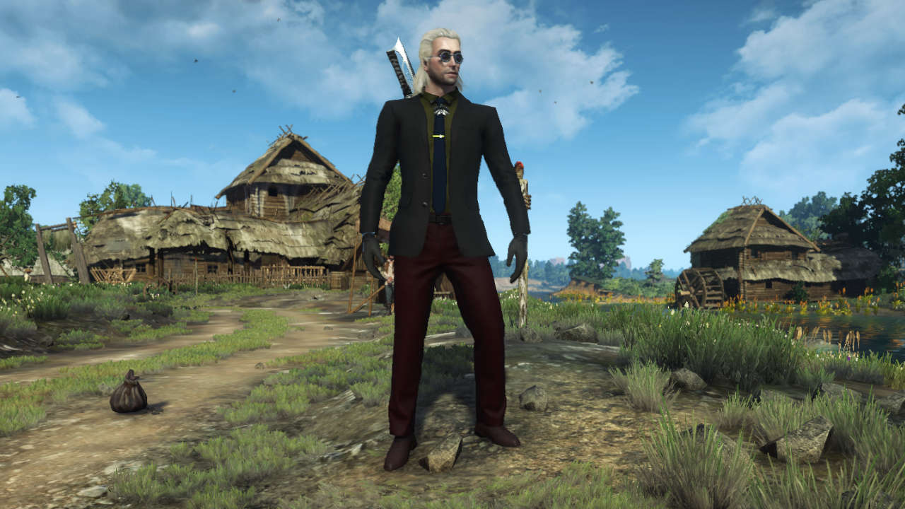 Wiedźmin 3 Dziki gon - mod Suit for Gentleman - Geralt stoi na pagórku w garniturze