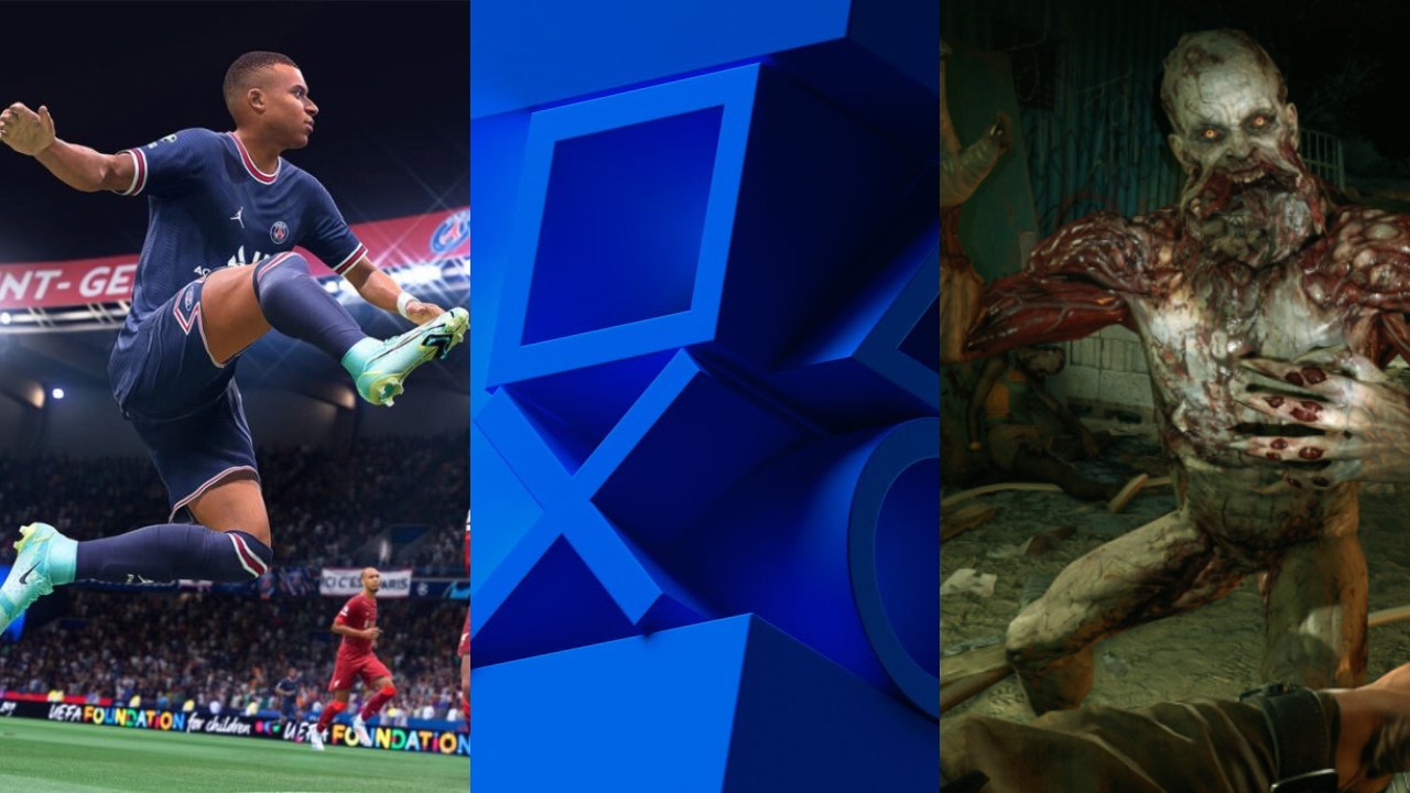 FIFA 22 - piłkarz skacze za piłką, logo State of Play, zombie z Dying Light
