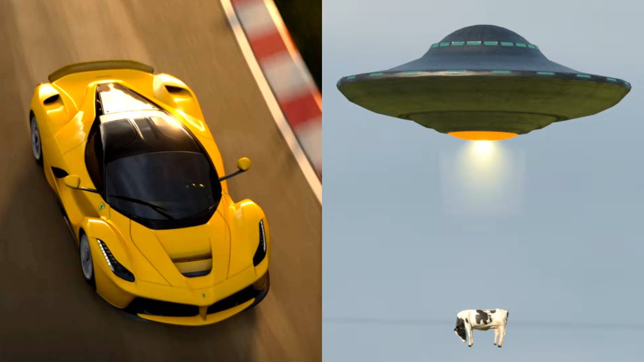 Gran Turismo 7 - UFO porywa krowę - żółty samochód