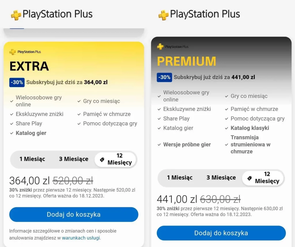 PS Plus w promocji. Zrzut ekranu z PS Store prezentujący ceny usługi.