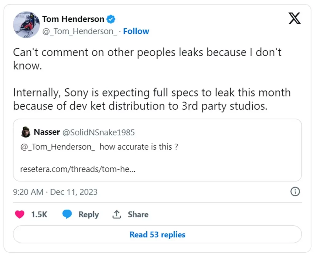 Tom Henderson - wpis z serwisu X dotyczący komentarza na temat specyfikacji PS5 Pro.