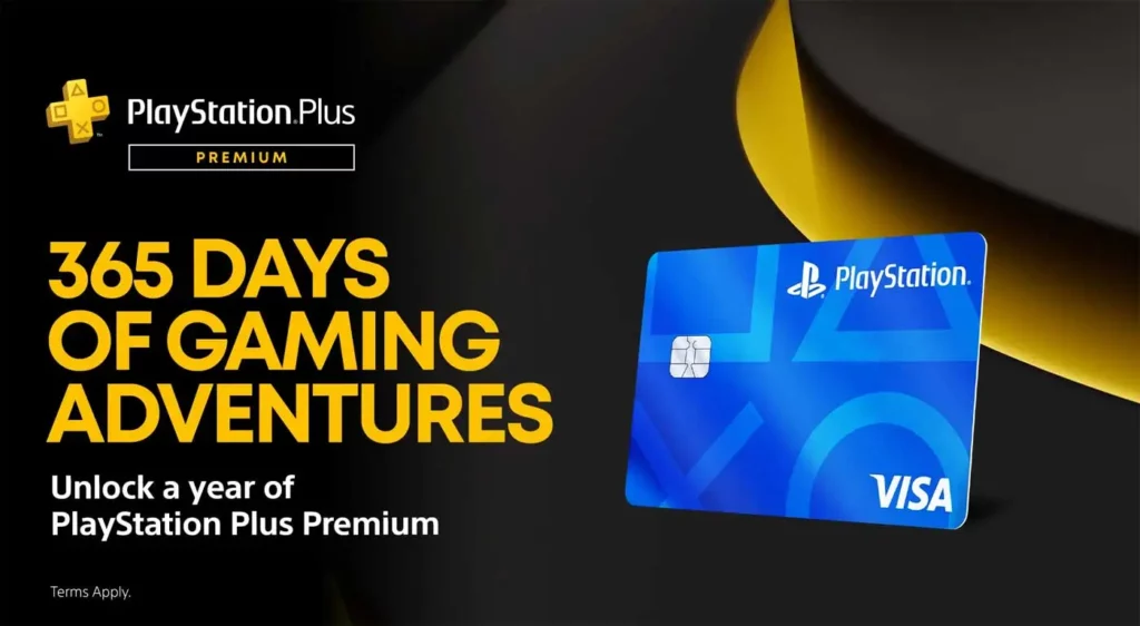 Promocja z kartą PlayStation Visa Card. Grafika przedstawiająca kartę oraz logo abonamentu PS Plus. Duże litery informujące o promocji na PS Plus Premium.