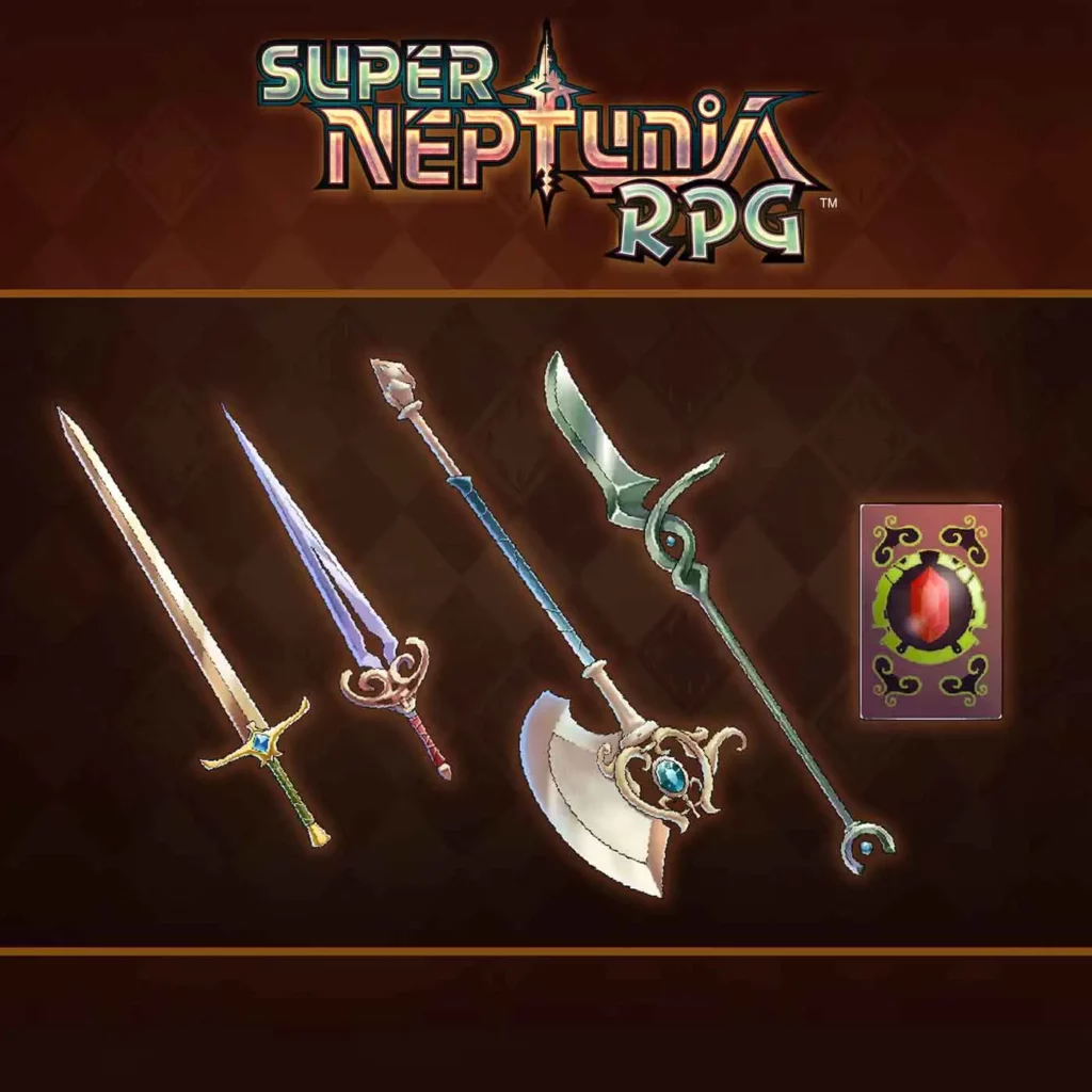 Super Neptunia RPG - zestaw broni z darmowego dodatku. Nazwa gry dużą czcionką na samej górze, poniżej grafiki przedstawiające cztery bronie.