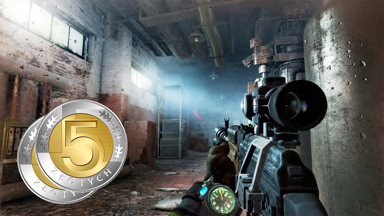 Widok z gry FPS z bronią i pomieszczeniem, w rogu symbol monet 5 zł