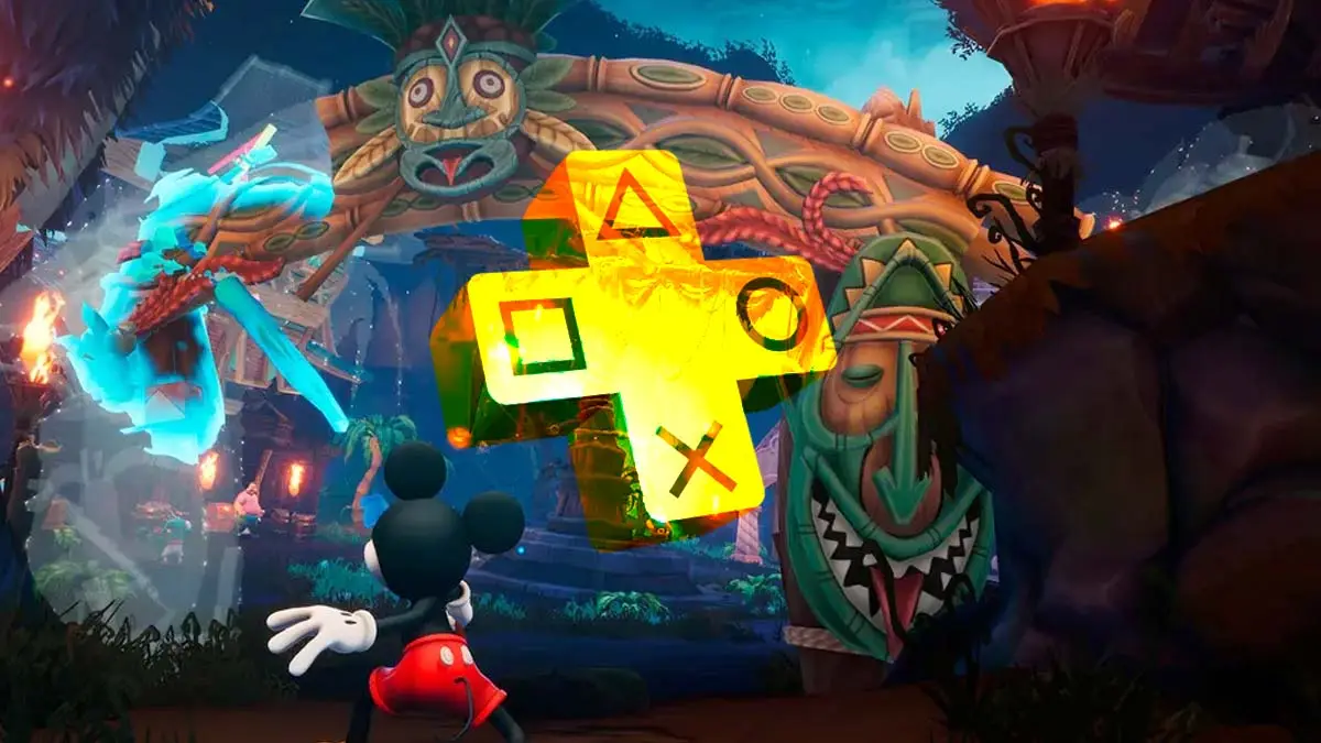 Screen z gry Disney Epic Mickey: Rebrushed i logo PS Plus. Gra, która 6 stycznia trafi do oferty Essential, jest do sprawdzenia już dzisiaj.