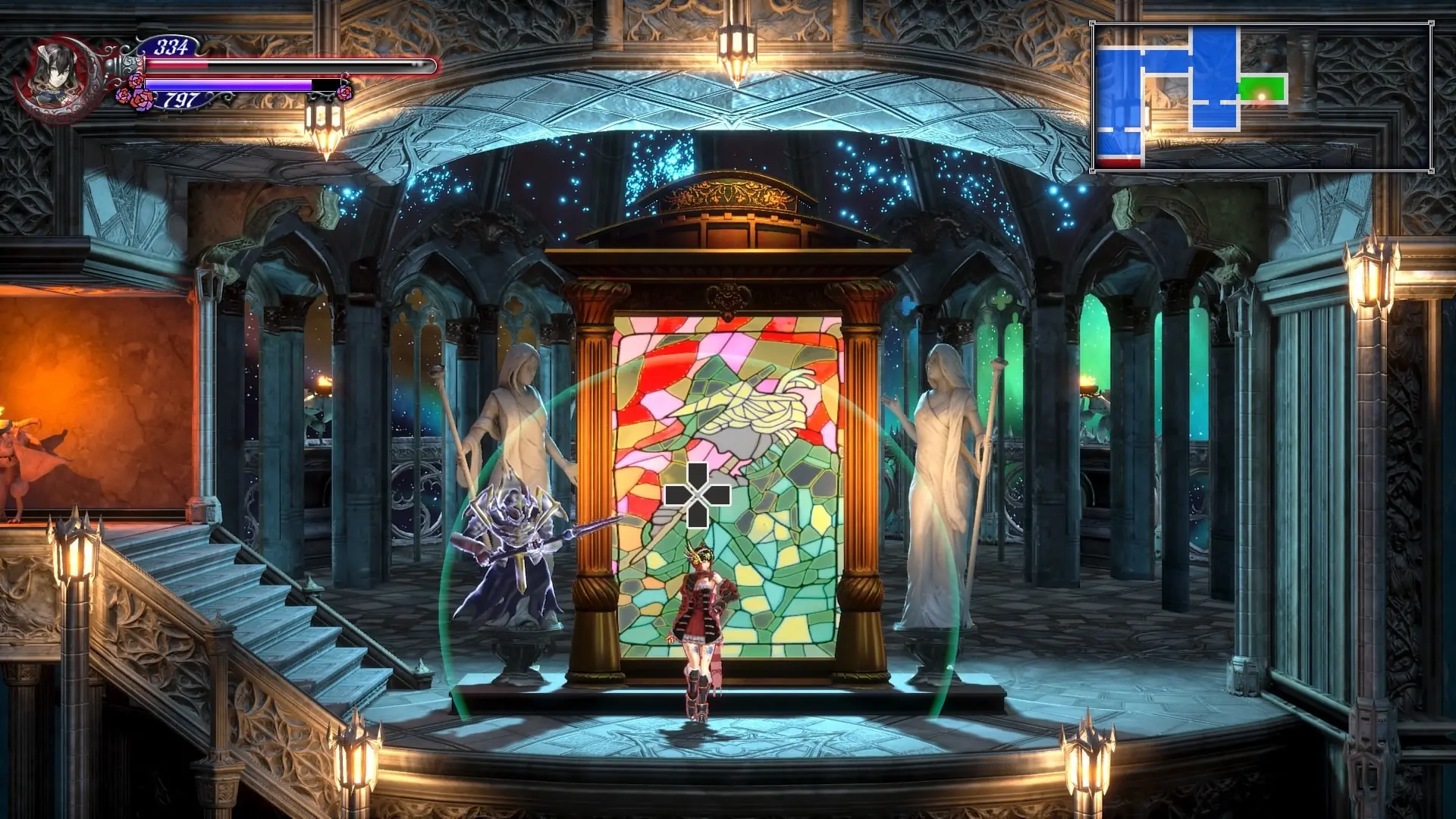 Gameplay scene from Bloodstained: Ritual of the Night featuring a character and stained glass.