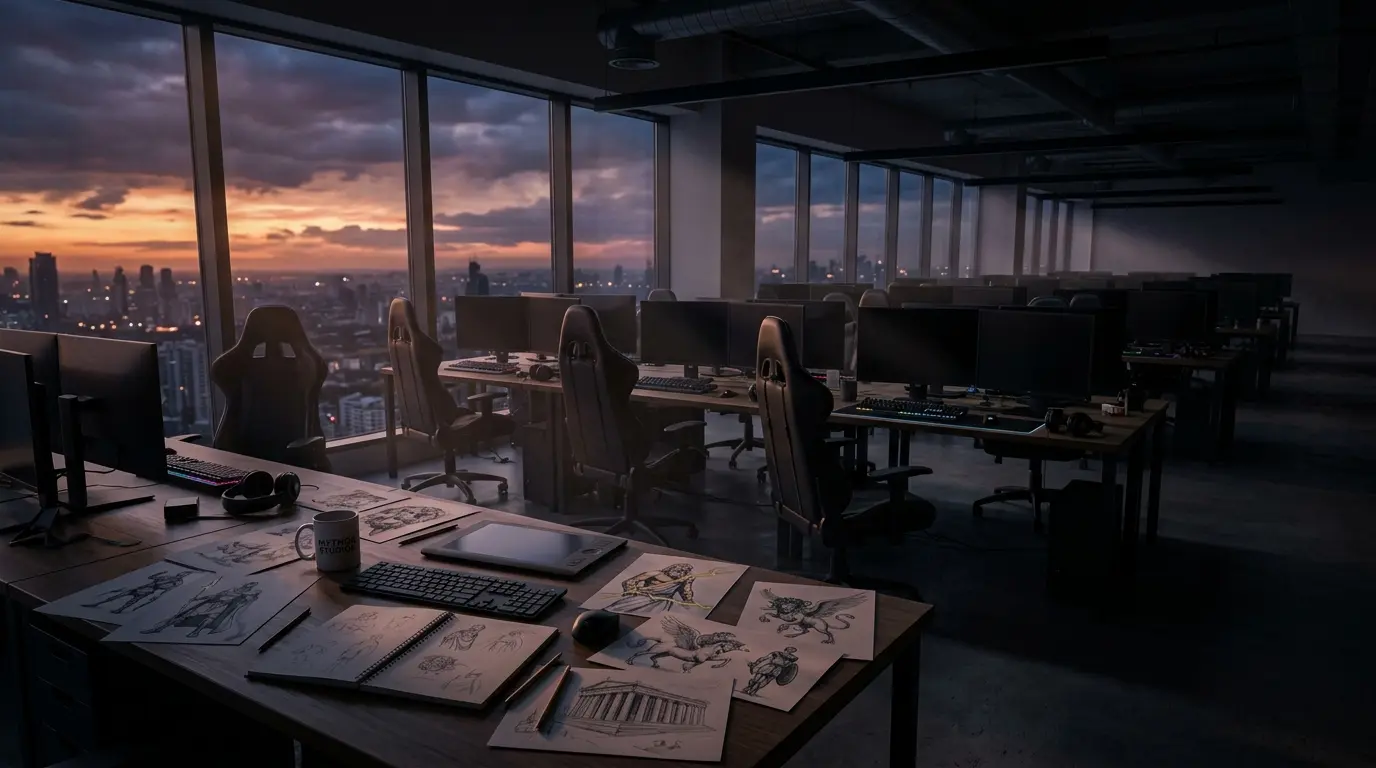 Empty game development studio office at sunset with abandoned workstations