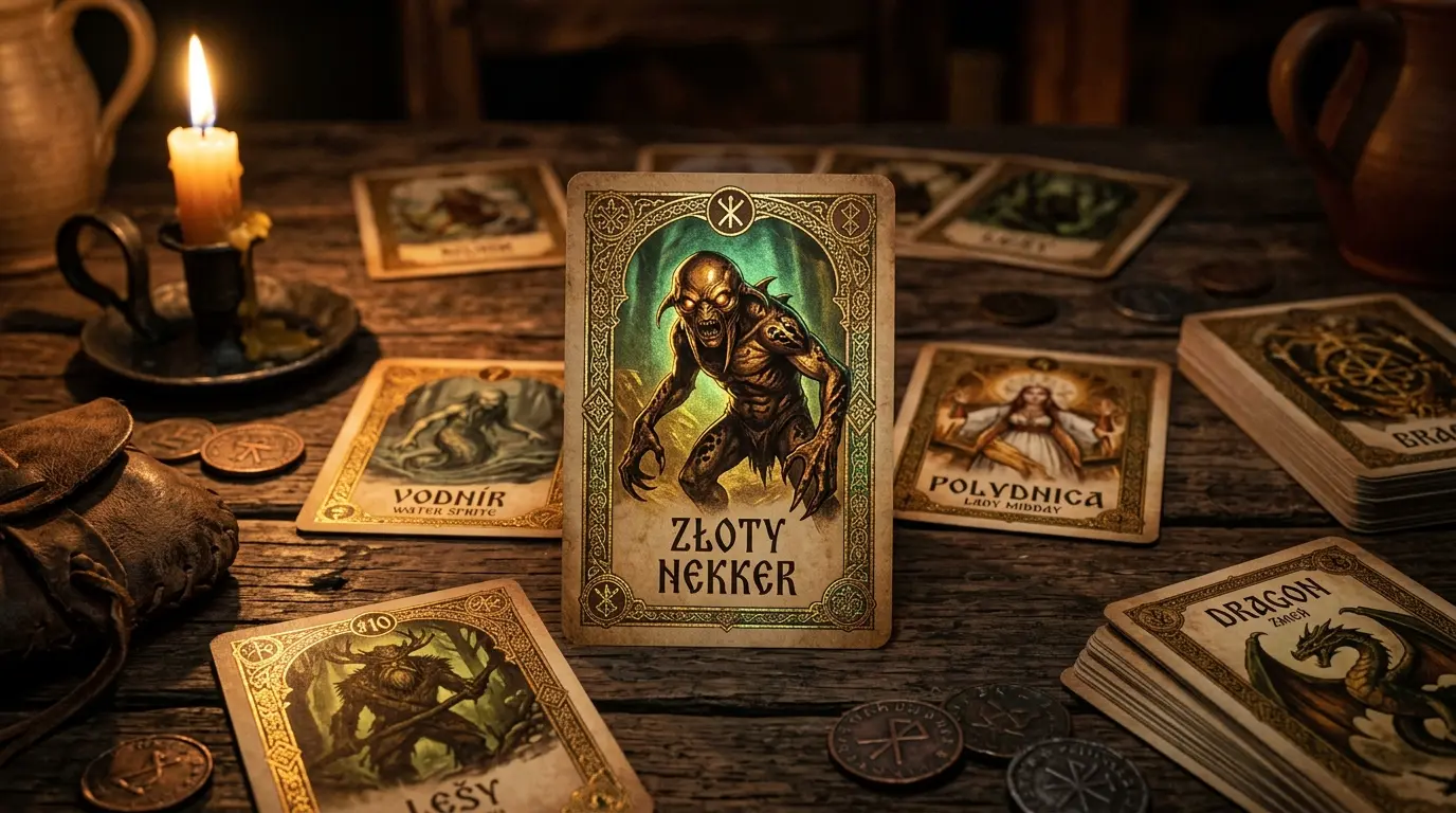 Ornate fantasy card game cards with golden nekker creature on dark wooden table with candlelight