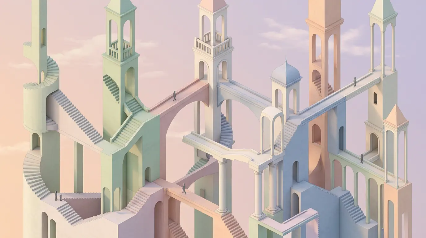 Surrealistic geometric monuments with impossible architecture in pastel colors inspired by Monument Valley game