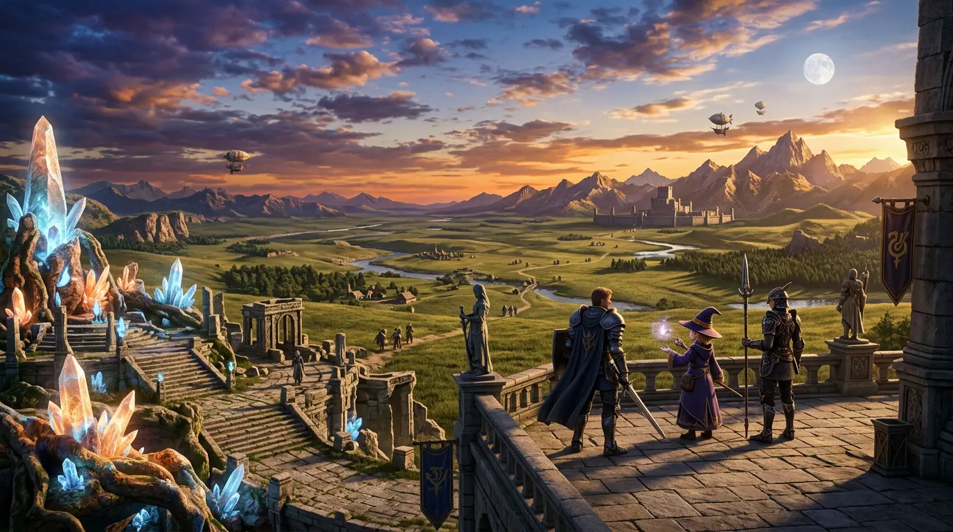 Final Fantasy XI Vana'diel landscape with adventurers overlooking fantasy world at sunset