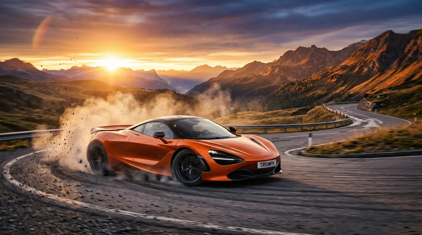 High-performance supercar drifting on mountain road at golden hour with motion blur