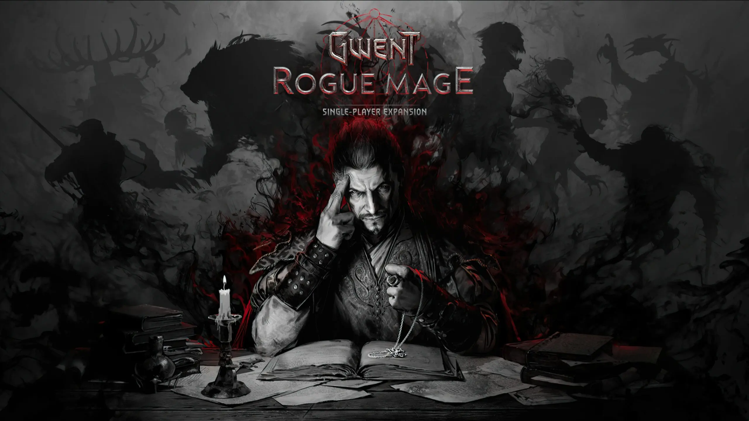 Key art for Gwent Rogue Mage featuring a male character in a dark, mystical setting.