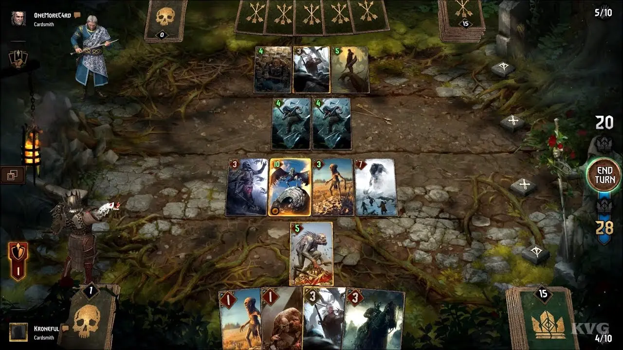 Gameplay of Gwent: The Witcher Card Game showing card battle in progress.