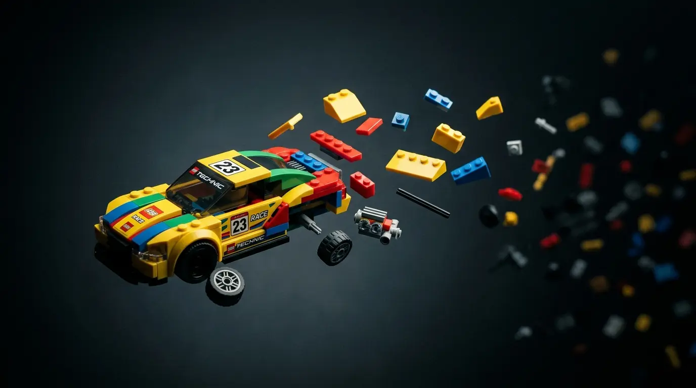 Lego racing car disassembling with colorful bricks floating apart on dark background