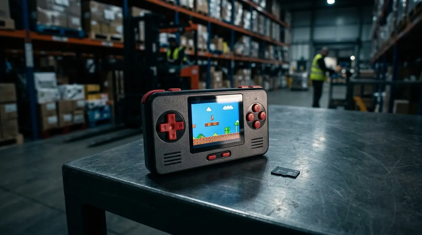 Retro gaming handheld console with microSD card on dark surface with dramatic lighting