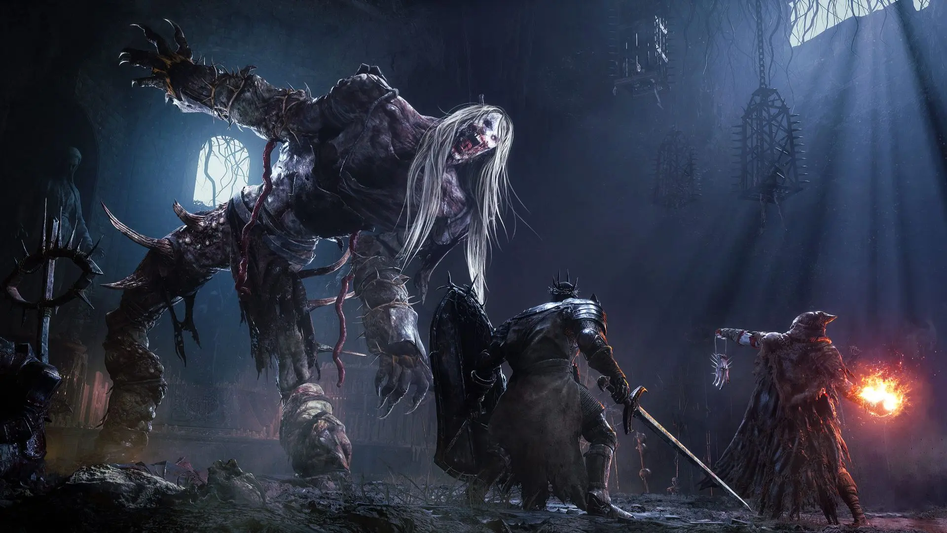 A dark fantasy scene depicting a giant creature facing armored warriors in a gothic setting.