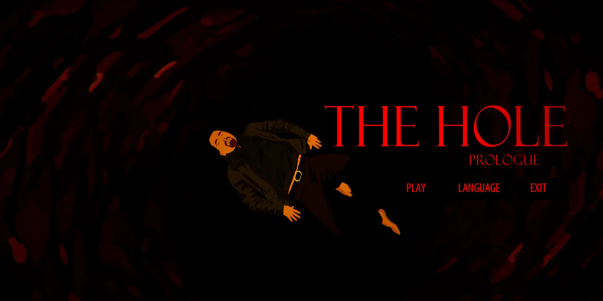 Artwork for 'The Hole' game showing a man falling in darkness with game options.