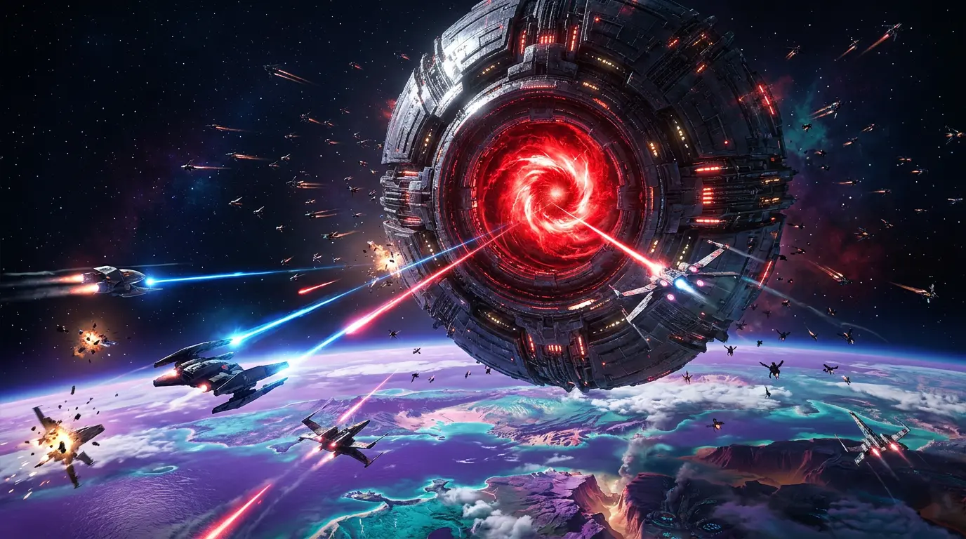 Giant robotic eye boss Hive of Glass hovering over alien planet in No Man's Sky The Swarm update