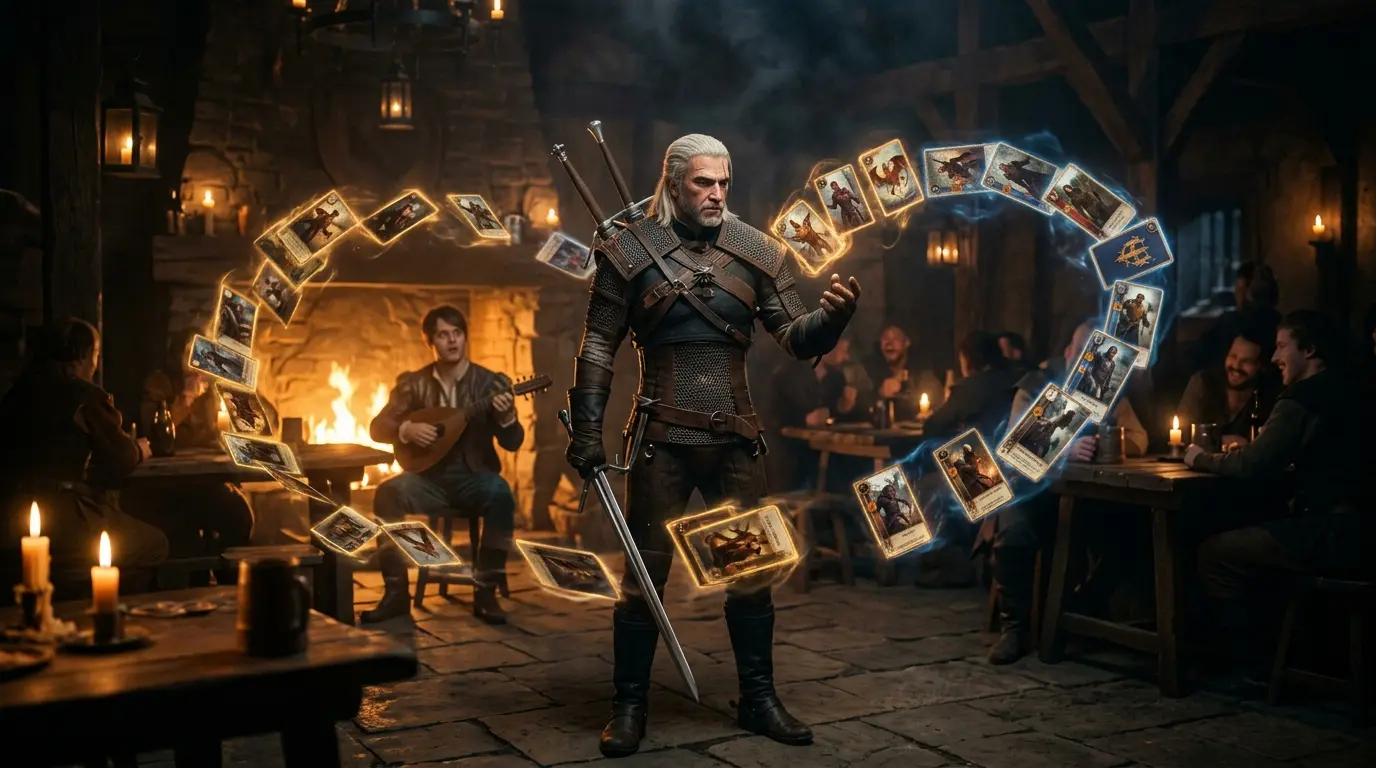 Geralt of Rivia surrounded by magical floating cards in a candlelit tavern with Jaskier in background