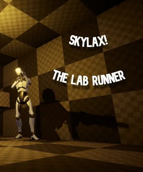 A stylized robotic figure in a checkered environment, promoting Skylax: The Lab Runner.
