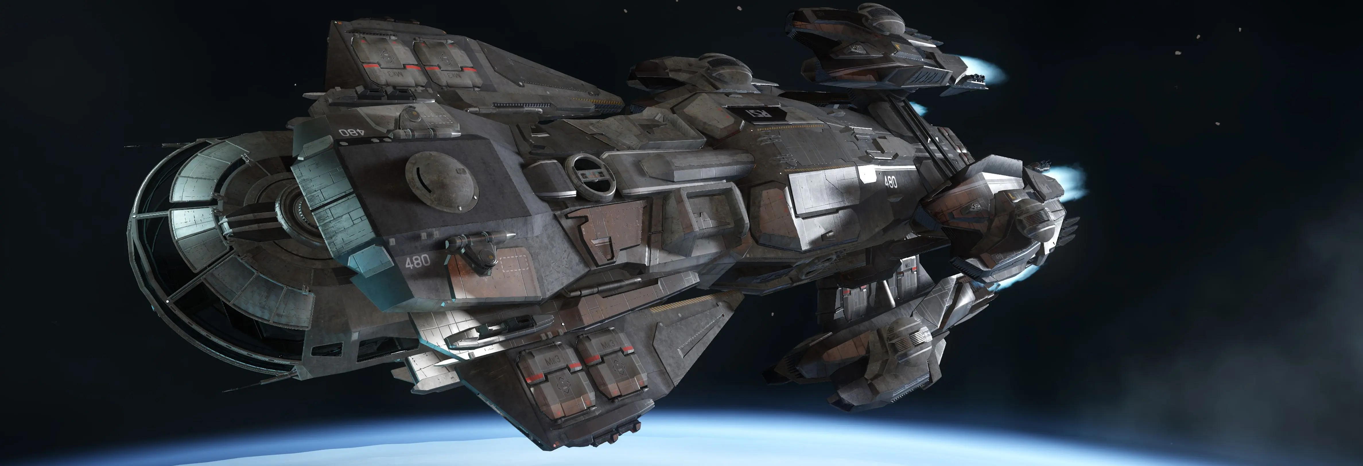 A detailed spaceship from Star Citizen flying in space with glowing engines.